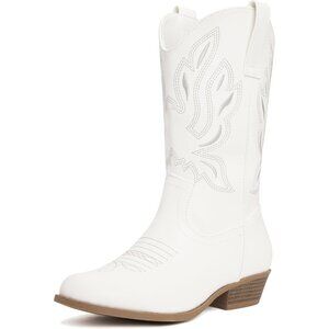 ⚡Kid White Polyurethane Cowboy Pointed Toe Mid-Calf Embroidered Side Zipper Boot